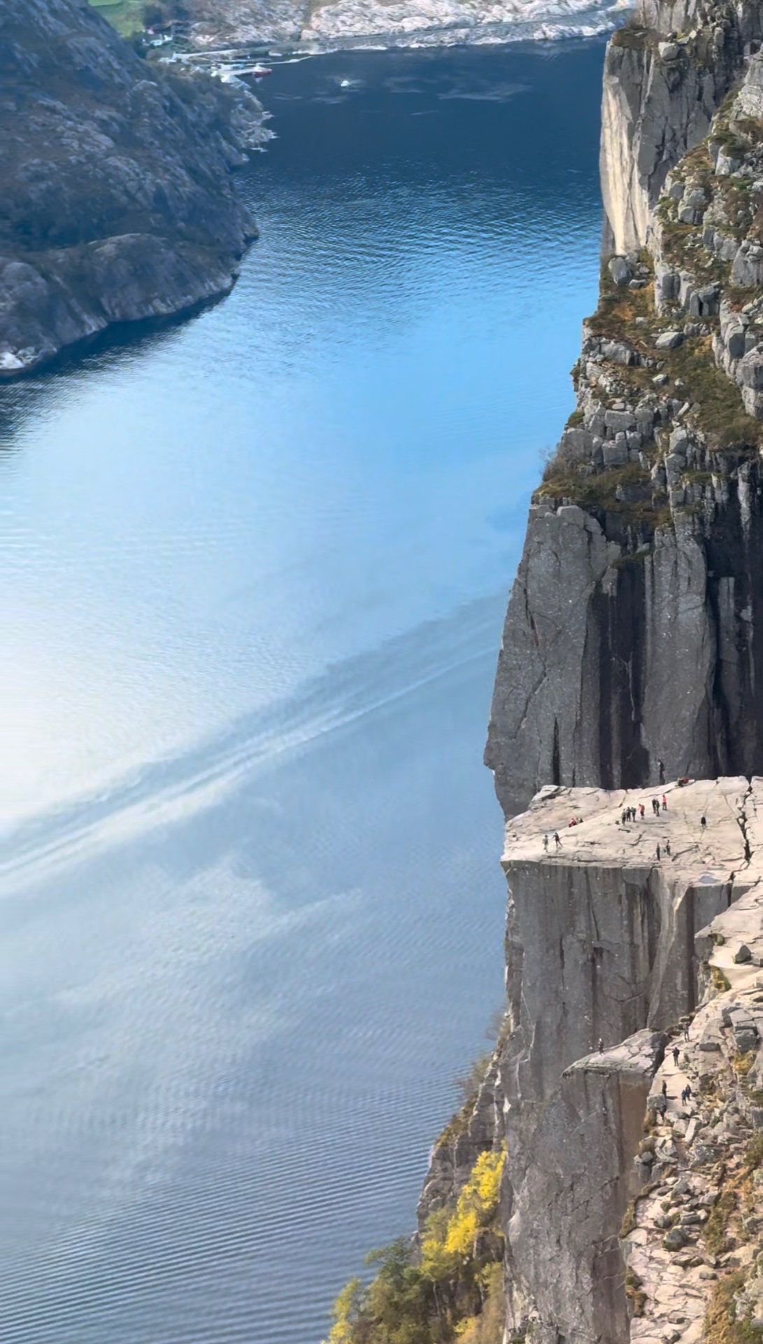 Aerial view of Preikestolen and Lysefjord with helicopter