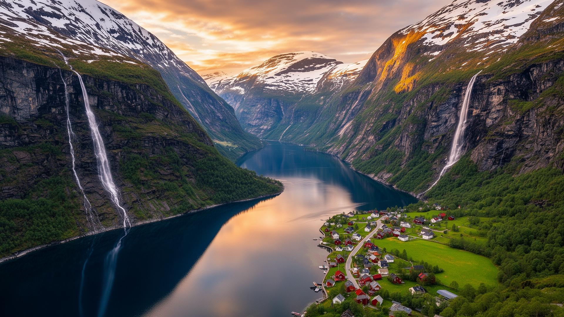 Aerial view of Nærøyfjord and a Norwegian fjord village with waterfalls at golden hour