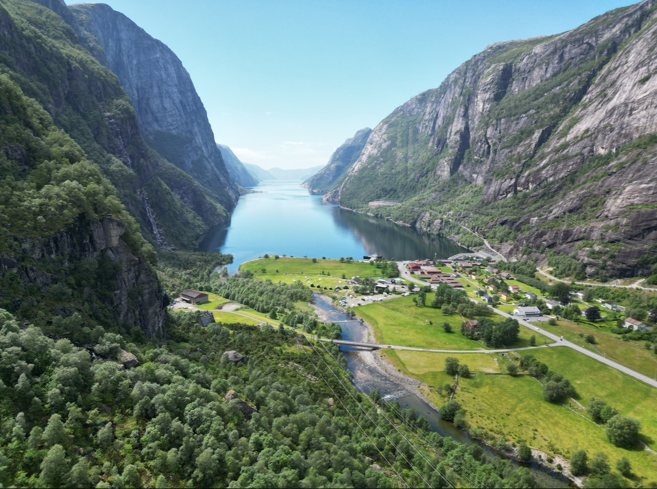 Norwegian fjord valley with waterfalls